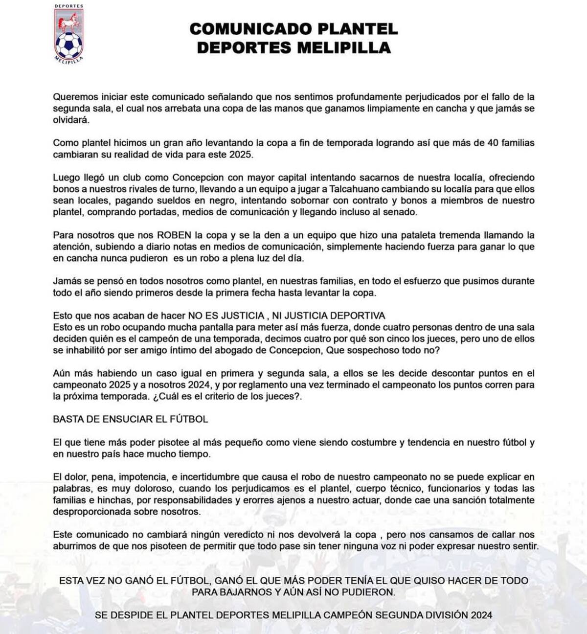 Comunicado plantel Deportes Melipilla.