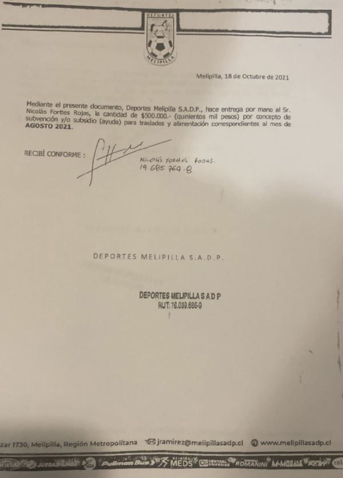 El documento que acredita el pago de Melipilla.