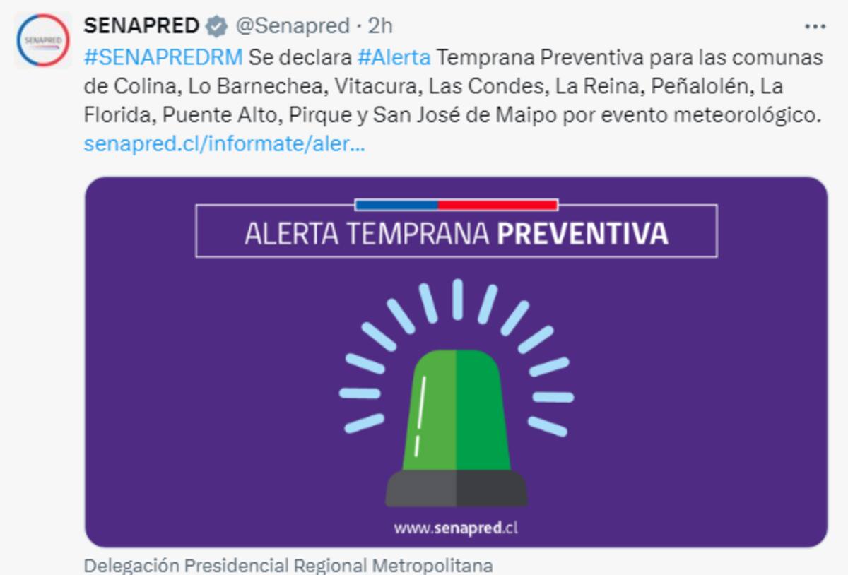 Senapred declara Alerta Preventiva en la RM por lluvia en Santiago.