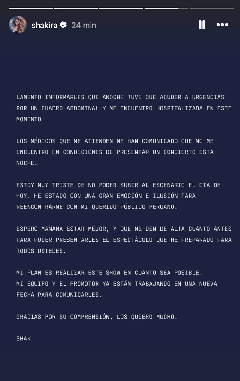 La cantante compartió un comunicado comentando acerca de su estado de salud, y que, debido a esto, no podrá realizar la primera fecha programada en Perú. Créditos Captura: Instagram.