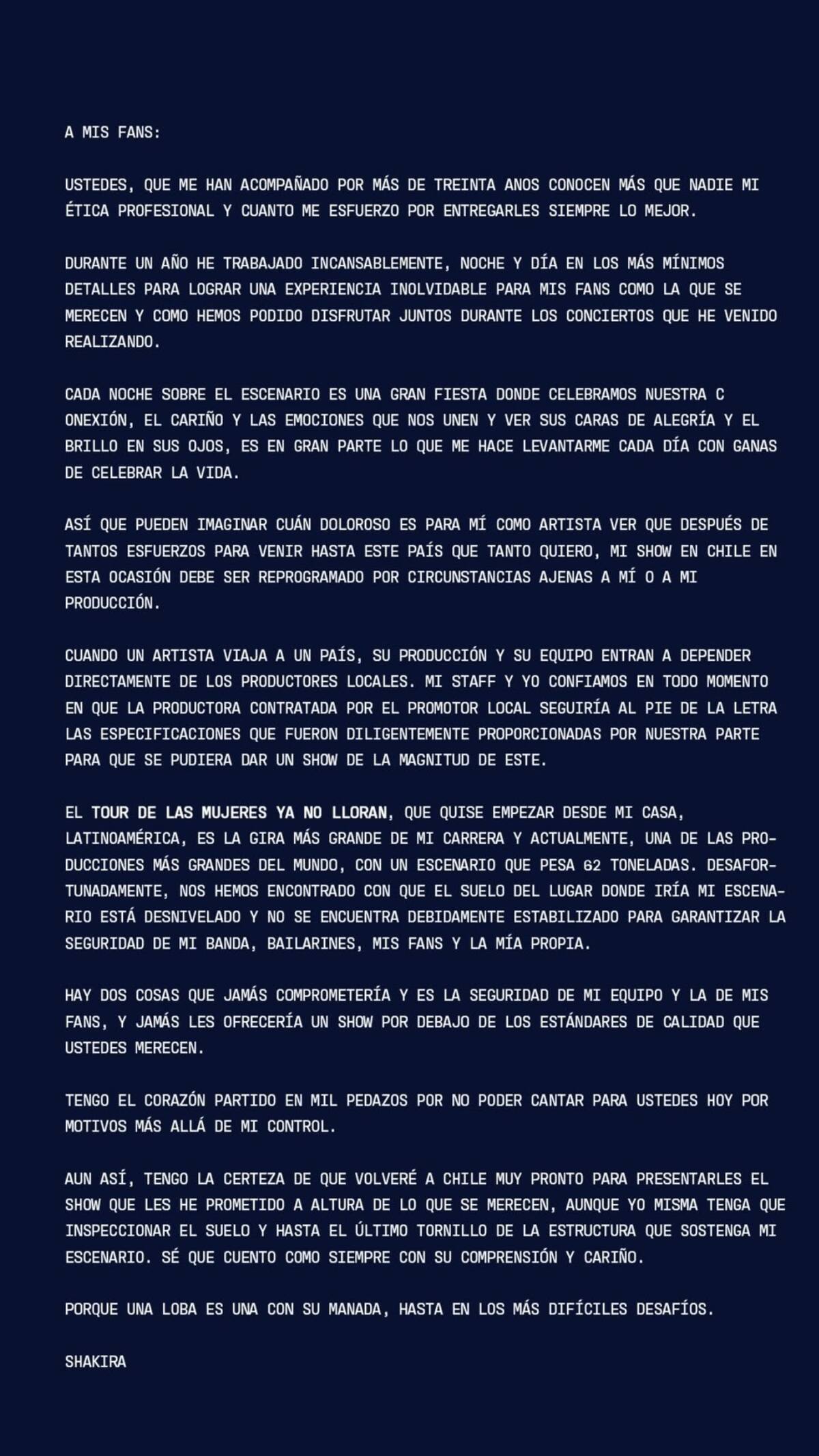 Este fue el mensaje de la intérprete en sus redes sociales. Créditos: @shakira en Instagram.