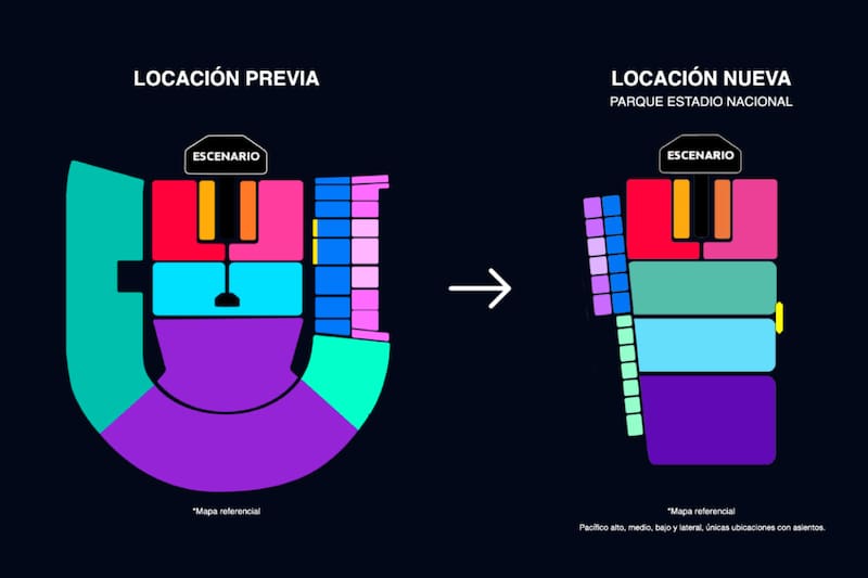 En la imagen de la derecha se ven las nuevas locaciones del concierto de la cantante colombiana en el Parque Estadio Nacional