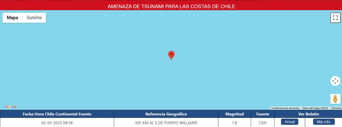 El servicio emitió una alerta de tsunami para las costas de Chile tras terremoto en Puerto Williams.