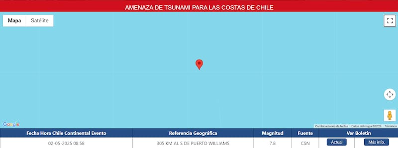 El servicio emitió una alerta de tsunami para las costas de Chile tras terremoto en Puerto Williams.