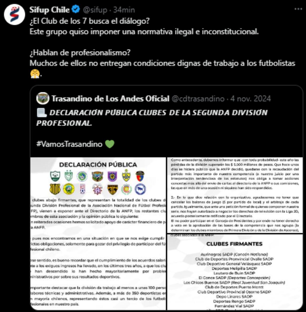 El Sifup responde vía X al comunicado de los clubes.