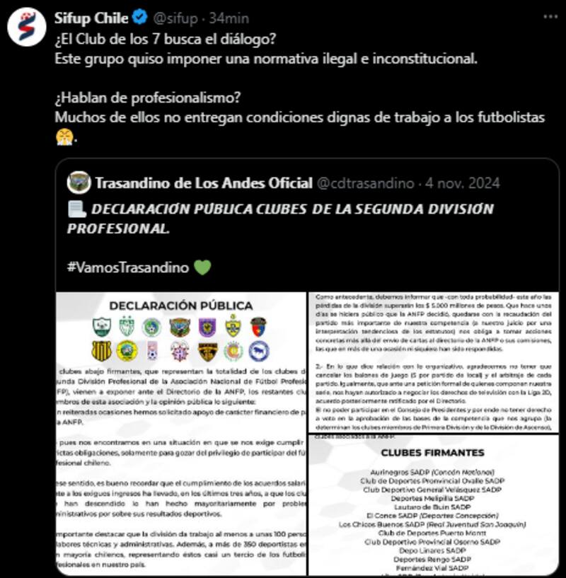 El Sifup responde vía X al comunicado de los clubes.