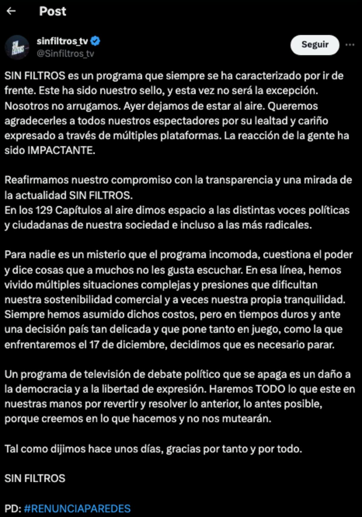 Días atrás el equipo de "Sin Filtros" lanzó un comunicado informando del término del programa.