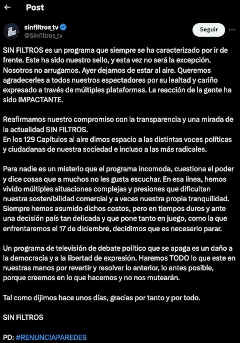 Días atrás el equipo de "Sin Filtros" lanzó un comunicado informando del término del programa.