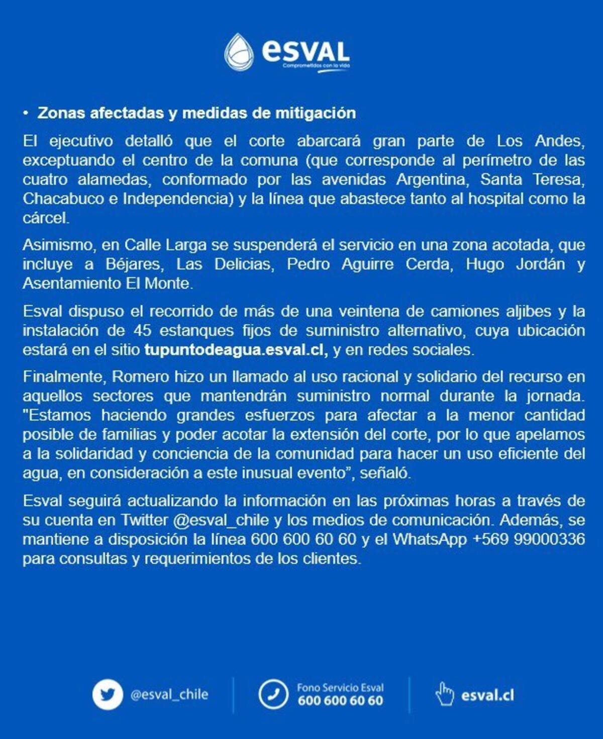 Corte de suministro de agua en Los Andes y San Felipe.