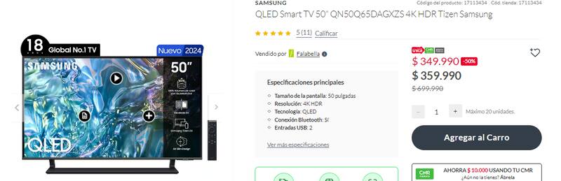 Este televisor está con un 50% de rebaja en Falabella.com.