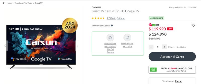 Este es el Smart TV Caixun que es vendido por Falabella.