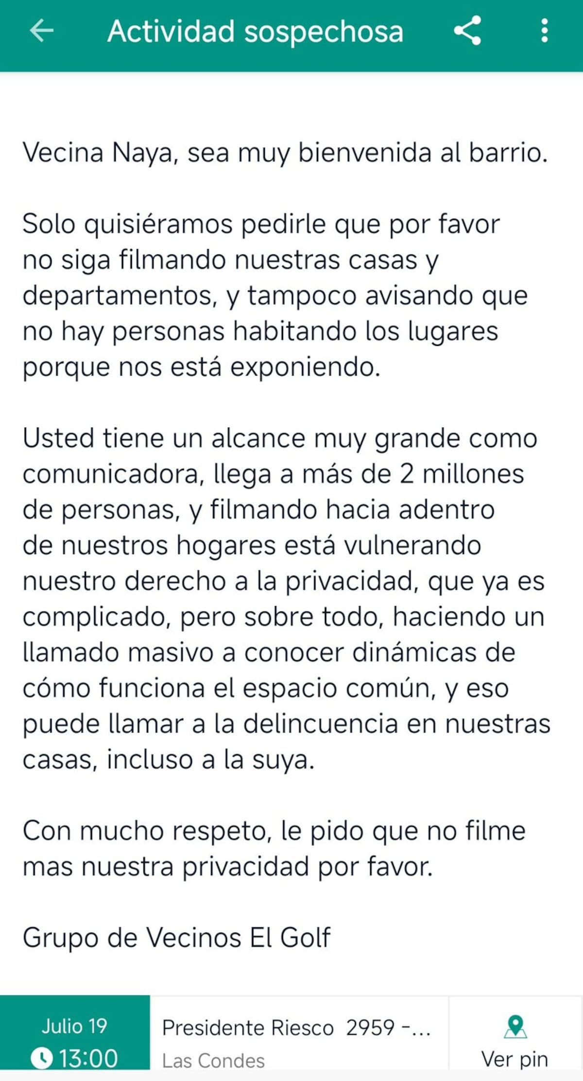 Naya Fácil recibe bienvenida de vecinos del barrio El Golf.
Foto: X