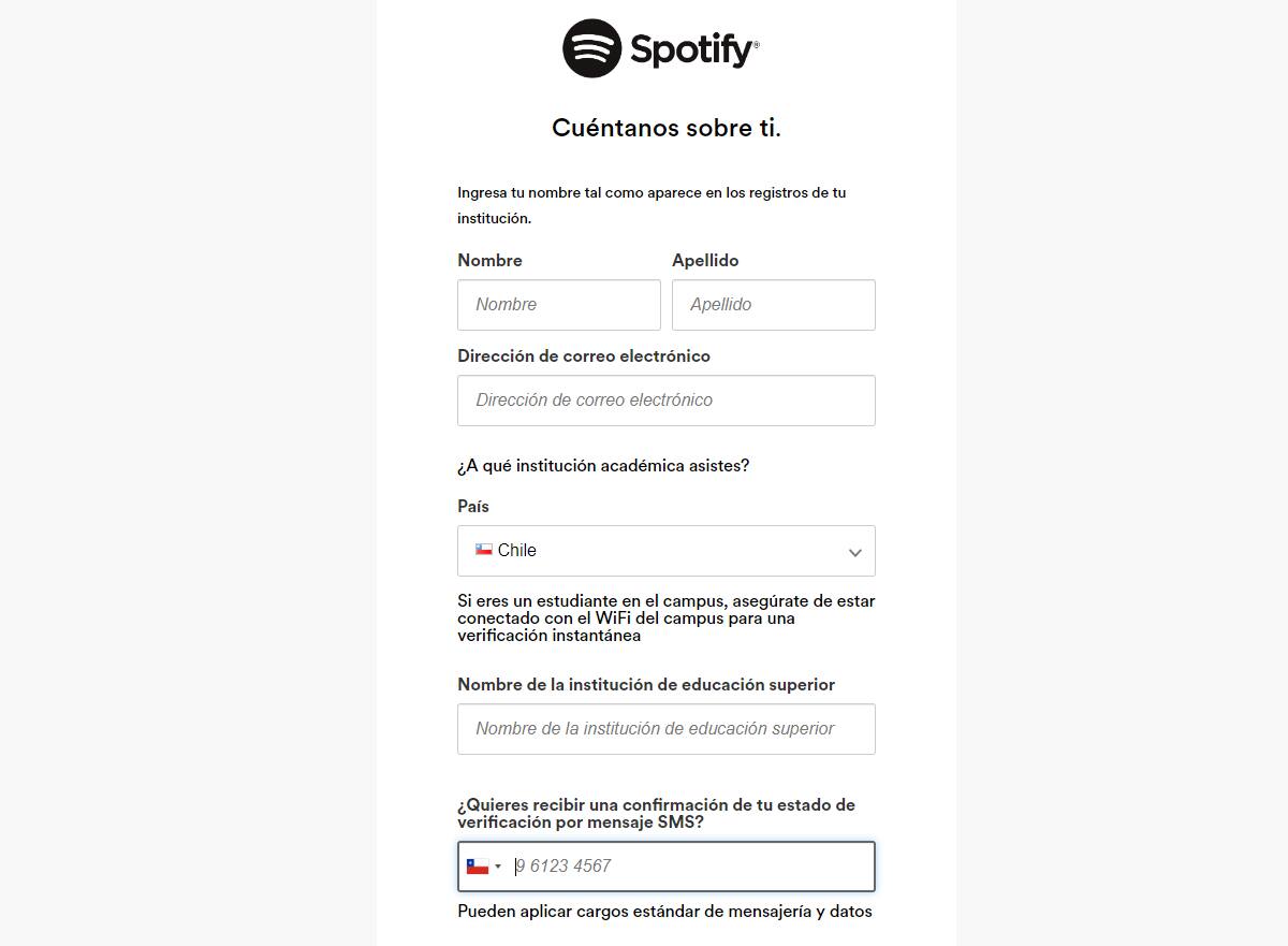 Estos datos deberás completar para que la plataforma se asegura de que eres estudiante. Créditos: Spotify