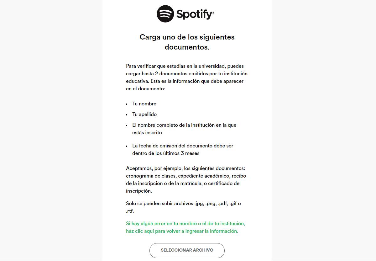 Deberás cargar estos documentos. Créditos: Spotify