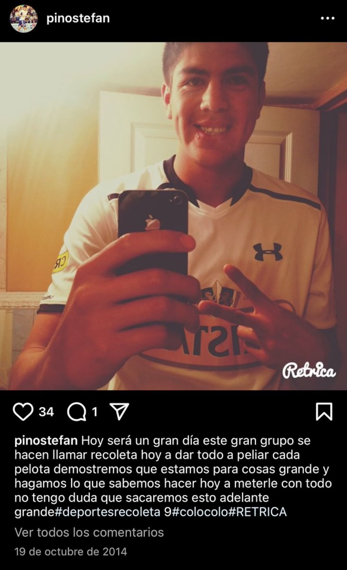 La publicación de Steffan Pino con la camiseta de Colo Colo que se hizo viral en redes sociales.
