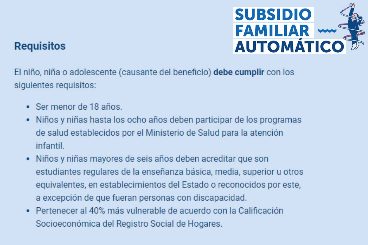 Requisitos para recibir el Subsidio Familiar Automático.