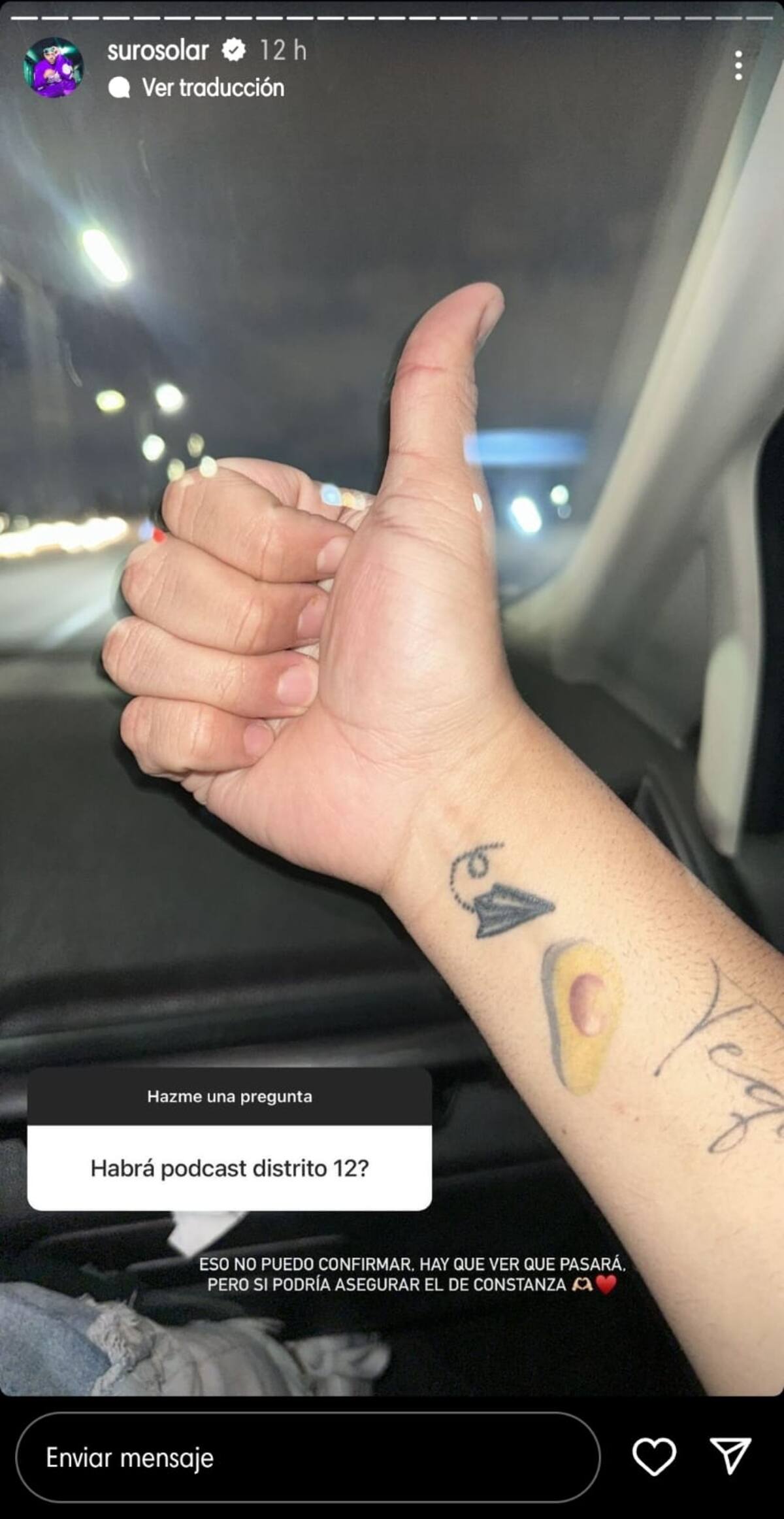 Suro Solar en sus historias de Instagram.
