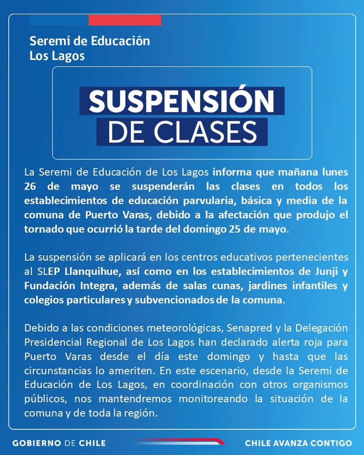 La medida también aplicará para los establecimientos educacionales particulares y subvencionados de Puerto Varas.