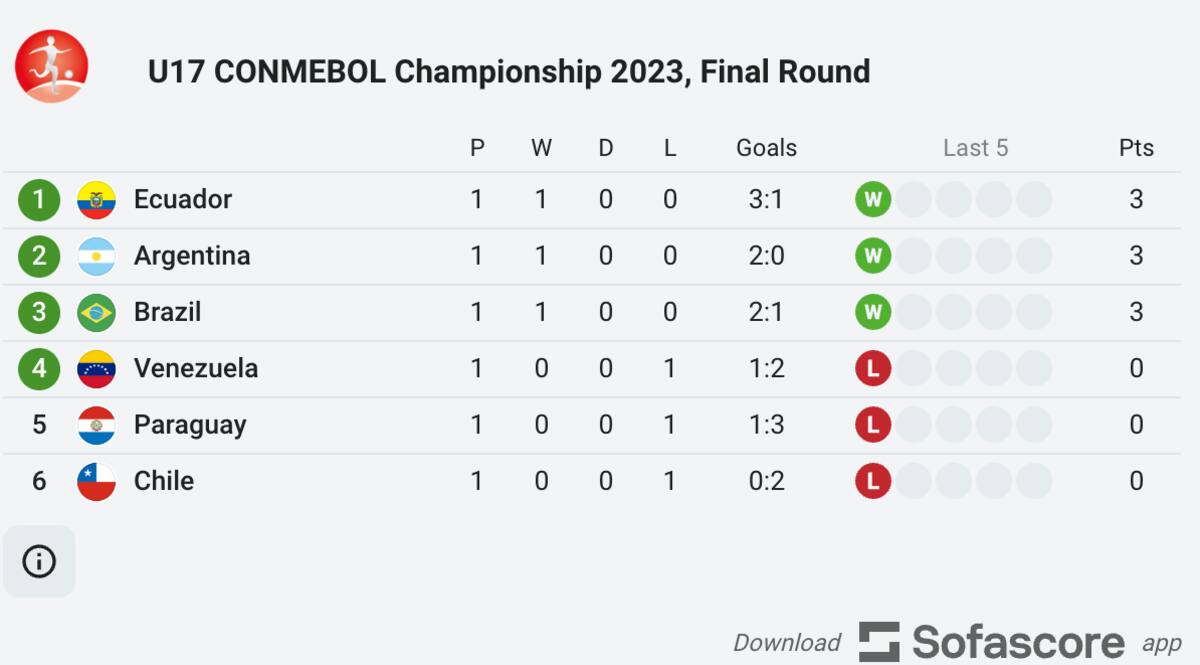 Así marcha La Roja en el Sudamericano Sub 17. (Imagen: sofascore).