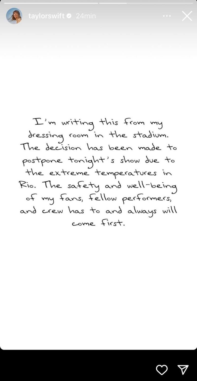 Taylor Swift a través de sus historias de Instagram anunciando la cancelación de su concierto de esta noche en Río de Janeiro.