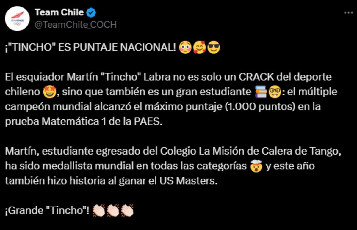 Team Chile felicitó vía X a Martín Labra por su puntaje máximo en la PAES.