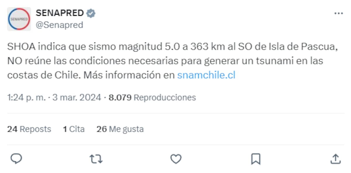 Tras temblor en Rapa Nui, SHOA descarta tsunami en costas de Chile.