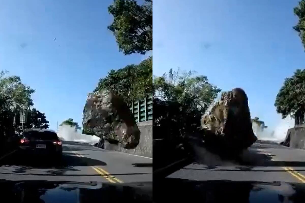 Una enorme roca impacta a un vehículo.