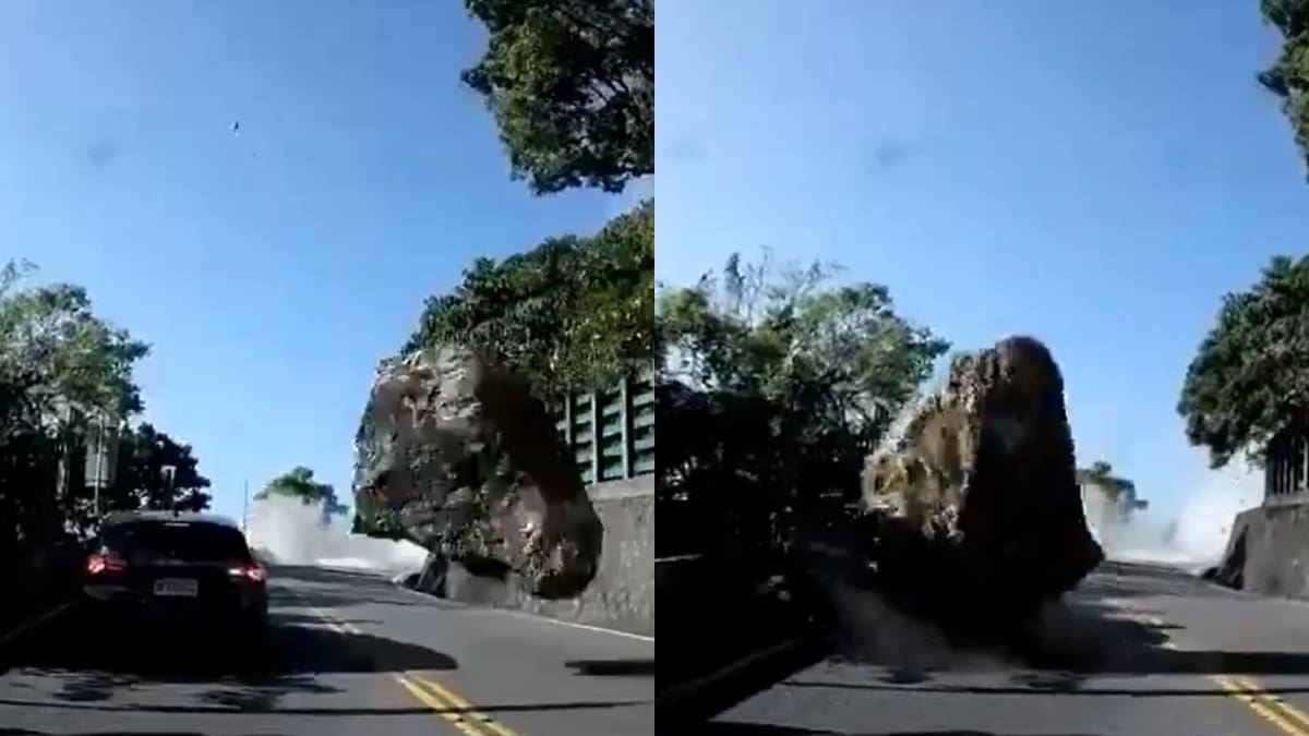 VIDEO | Gigantesca roca impactó a un vehículo en plena carretera durante el terremoto en Taiwán