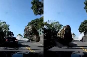 VIDEO | Gigantesca roca impactó a un vehículo en plena carretera durante el terremoto en Taiwán