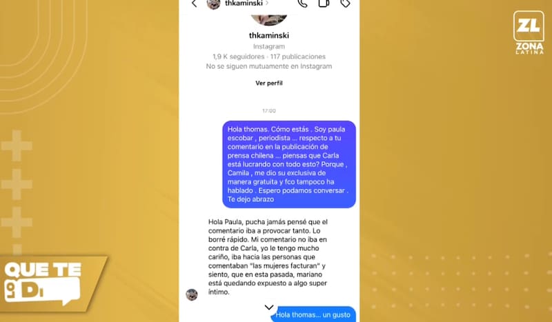 Thomas Kaminski sale a aclarar mensaje contra Carla Jara.
