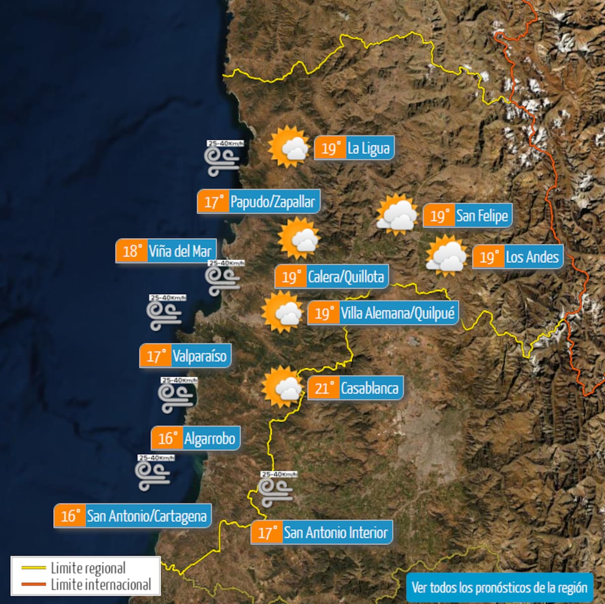 Máximas para las comunas de la Quinta Región.
