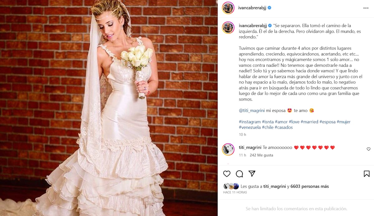 Iván Cabrera comparte foto de Tiffany Magrini vestida de novia.