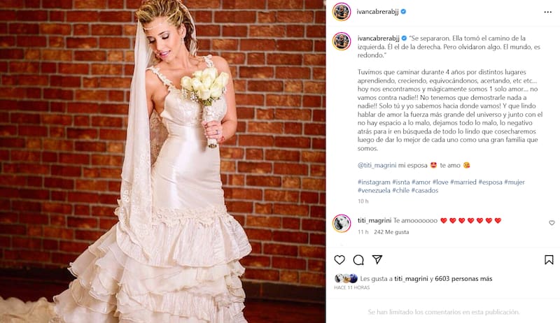 Iván Cabrera comparte foto de Tiffany Magrini vestida de novia.