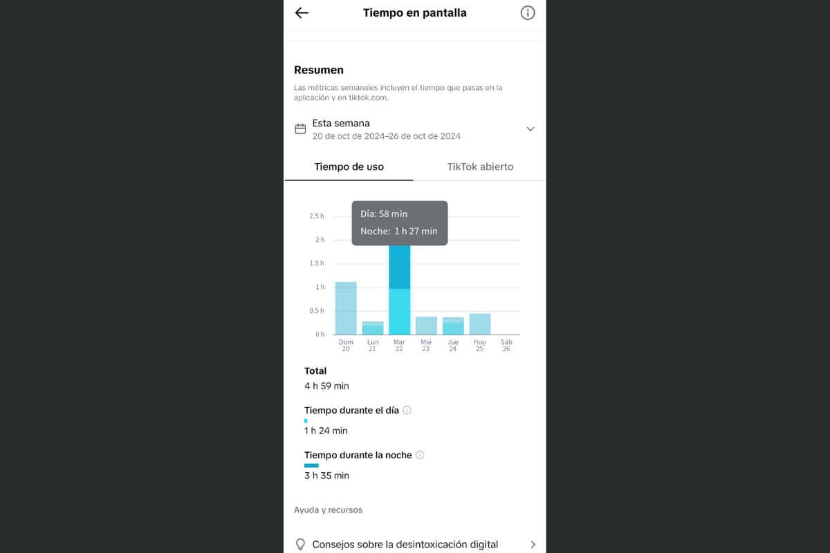 Podrás revisar toda la información sobre el tiempo que pasas dentro de TikTok.