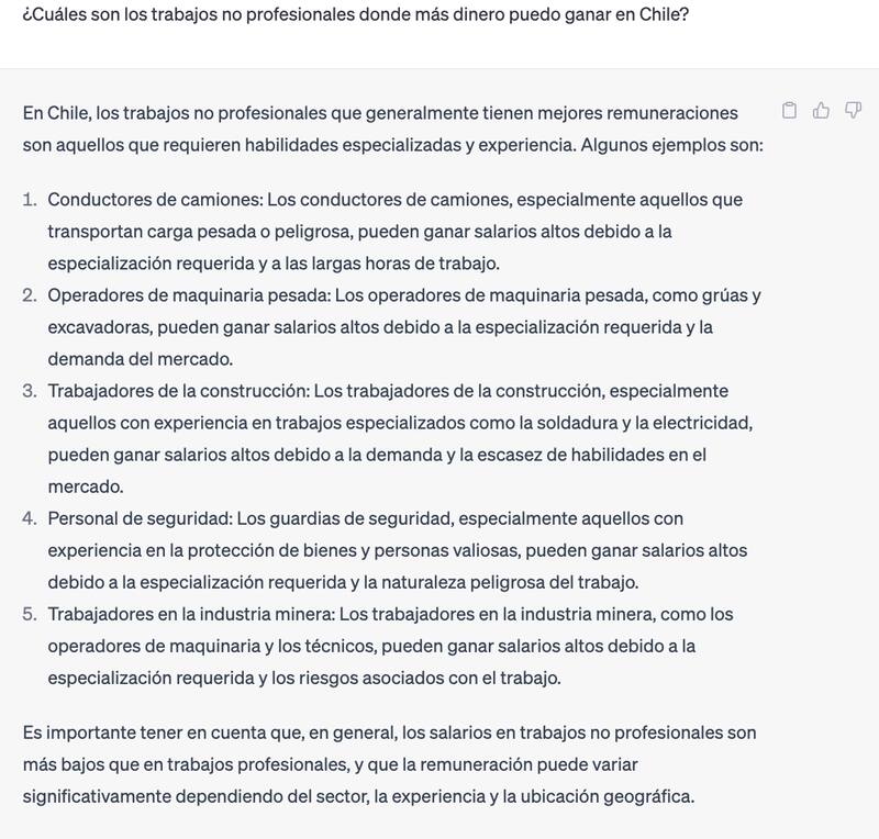 Esta es la respuesta de Chat GPT sobre los mejores trabajos remunerados para no profesionales.