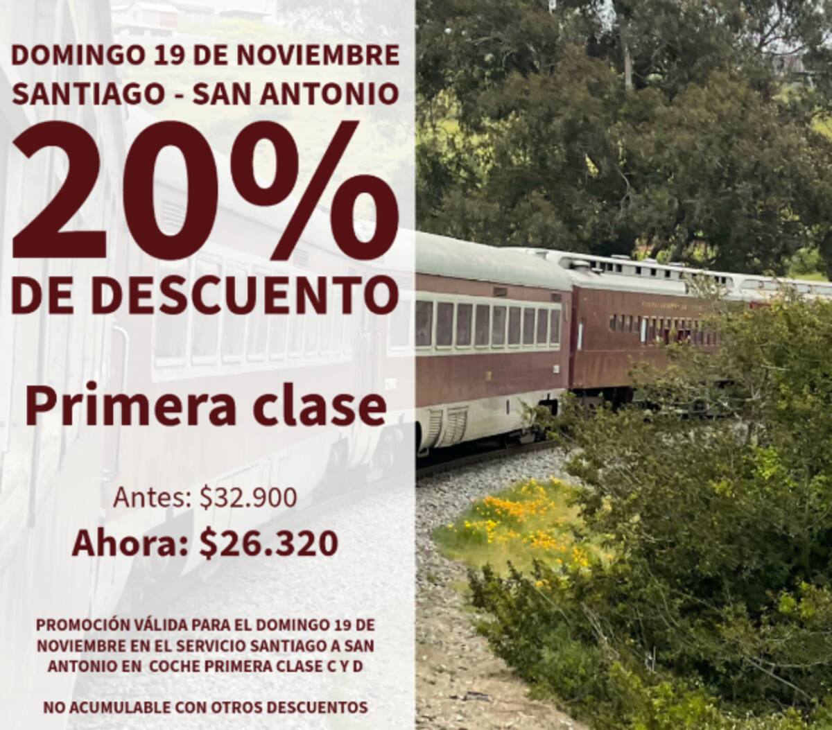 Solo por este 19 de noviembre el Tren Santiago - San Antonio tendrá un 20% de descuento en sus asientos de Primera Clase.