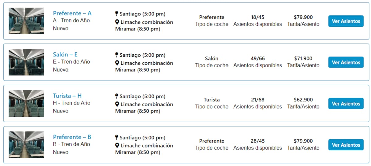 Estos son los asientos disponibles en conjunto al valor de ida y vuelta.