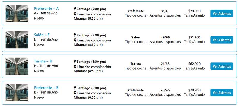Estos son los asientos disponibles en conjunto al valor de ida y vuelta.