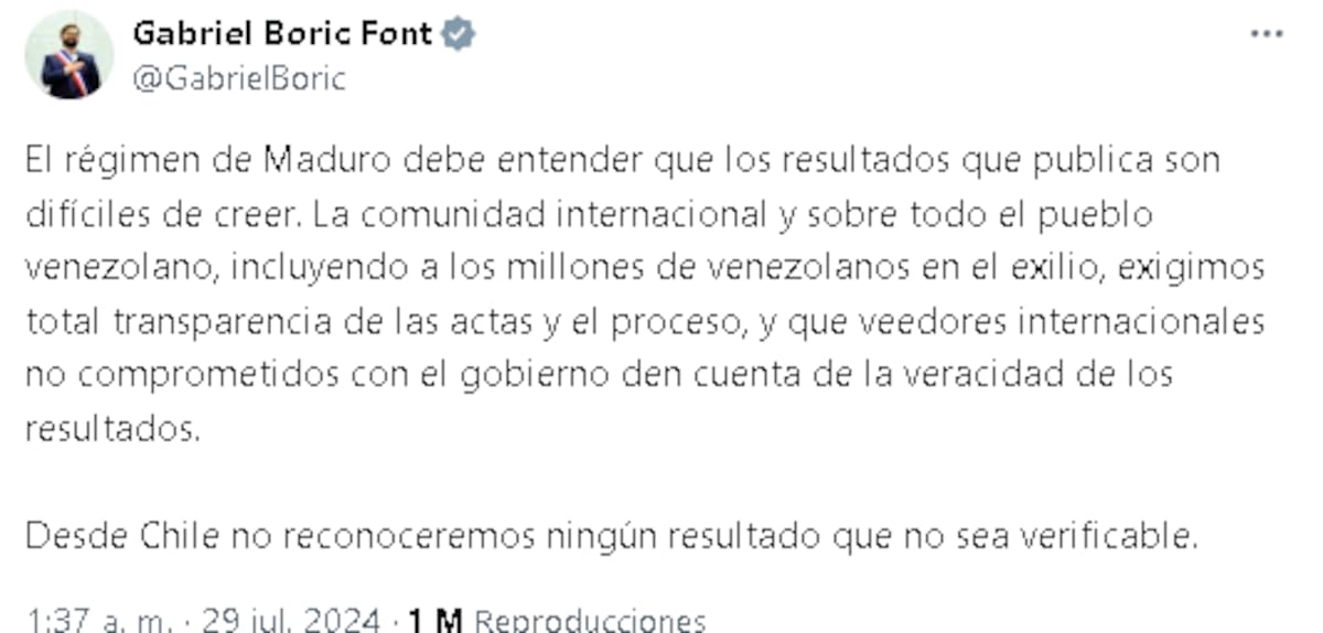Tuit de Gabriel Boric tras resultados electorales en Venezuela.