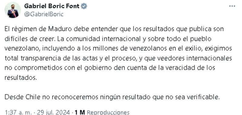 Tuit de Gabriel Boric tras resultados electorales en Venezuela.