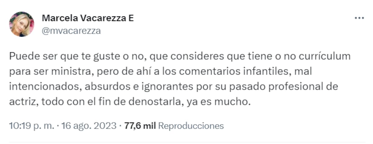 A través de redes Sociales, Marcela Vacarezza entregó su apoyo a Carolina Arredondo, ministra de las Culturas, tras difusión de sus escenas sexuales.