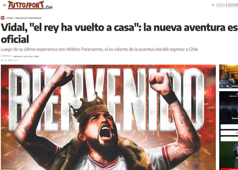 El medio italiano Tutto Sport, anunció la llegada de Arturo Vidal a Colo Colo