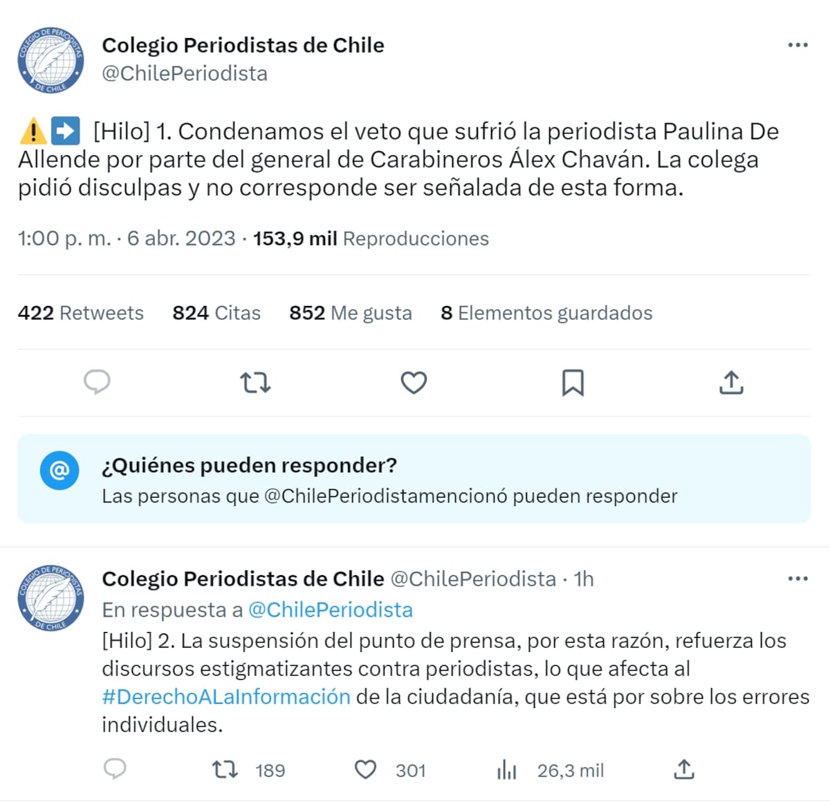 Tweet Colegio de Periodistas de Chile / Créditos: Twitter