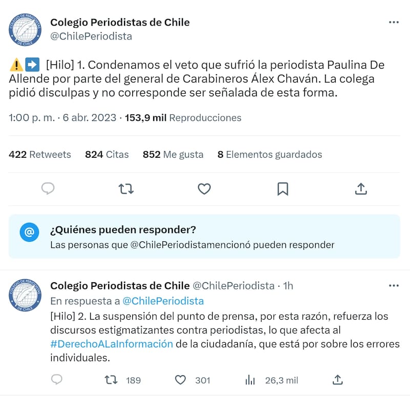Tweet Colegio de Periodistas de Chile / Créditos: Twitter