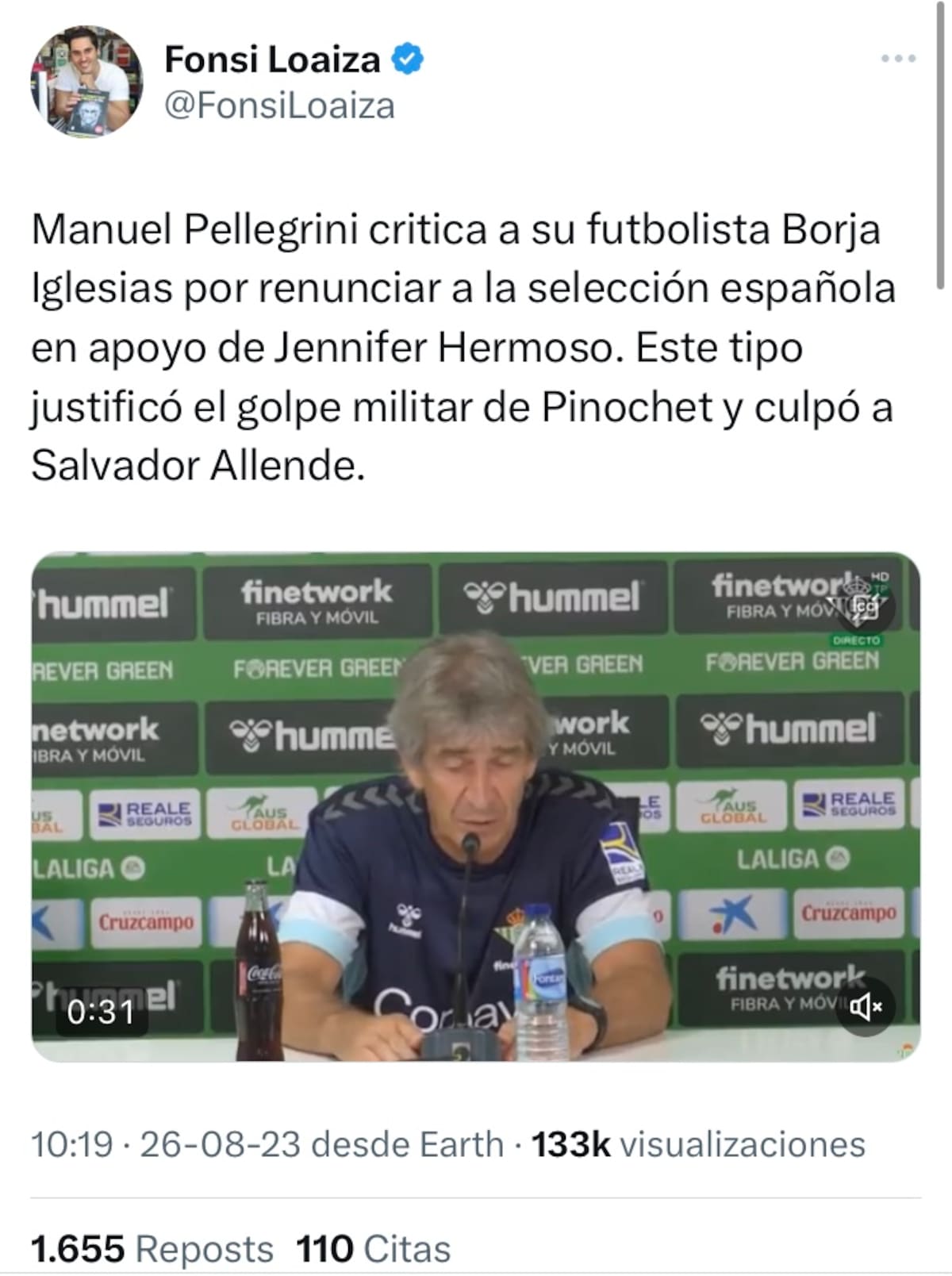 El ataque del periodista Fonsi Loaiza a Manuel Pellegrini.