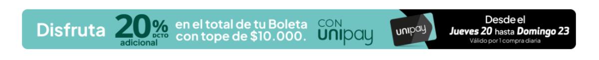 Pagando con Unipay obtendrás hasta $10.000 de rebaja en el total de tu boleta.