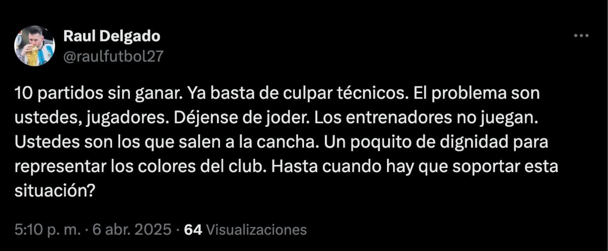 Declaraciones del presidente Raúl Delgado en Twitter.