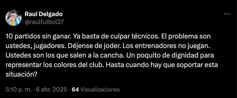 Declaraciones del presidente Raúl Delgado en Twitter.