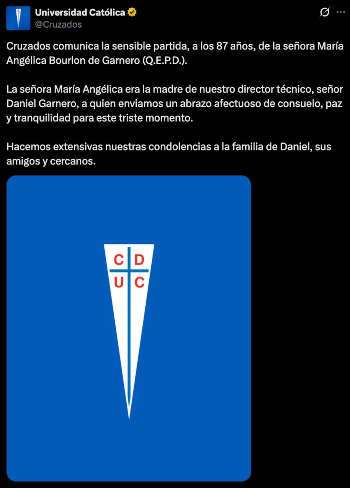 Anunció el fallecimiento de la madre de Daniel Garnero.