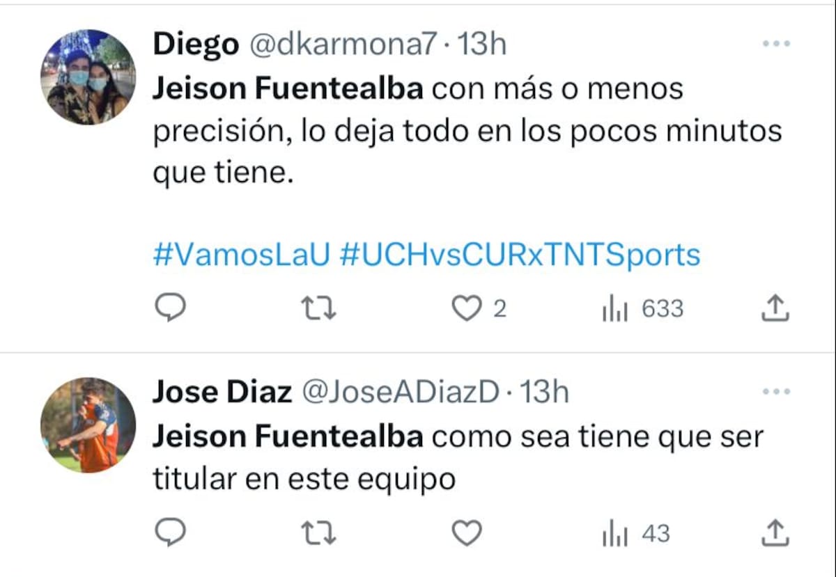 Comentarios de hinchas de la U pidiendo la titularidad de Jeison Fuentealba.